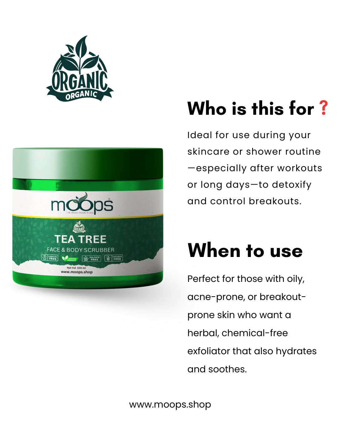 Moops Tea Tree Face & Body Scrubber