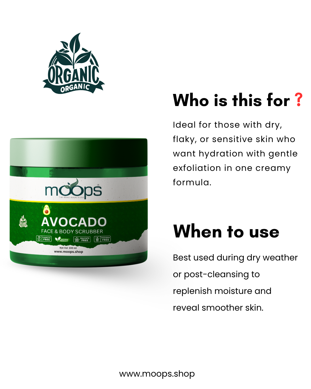 Moops Avocado Face & Body Scrubber