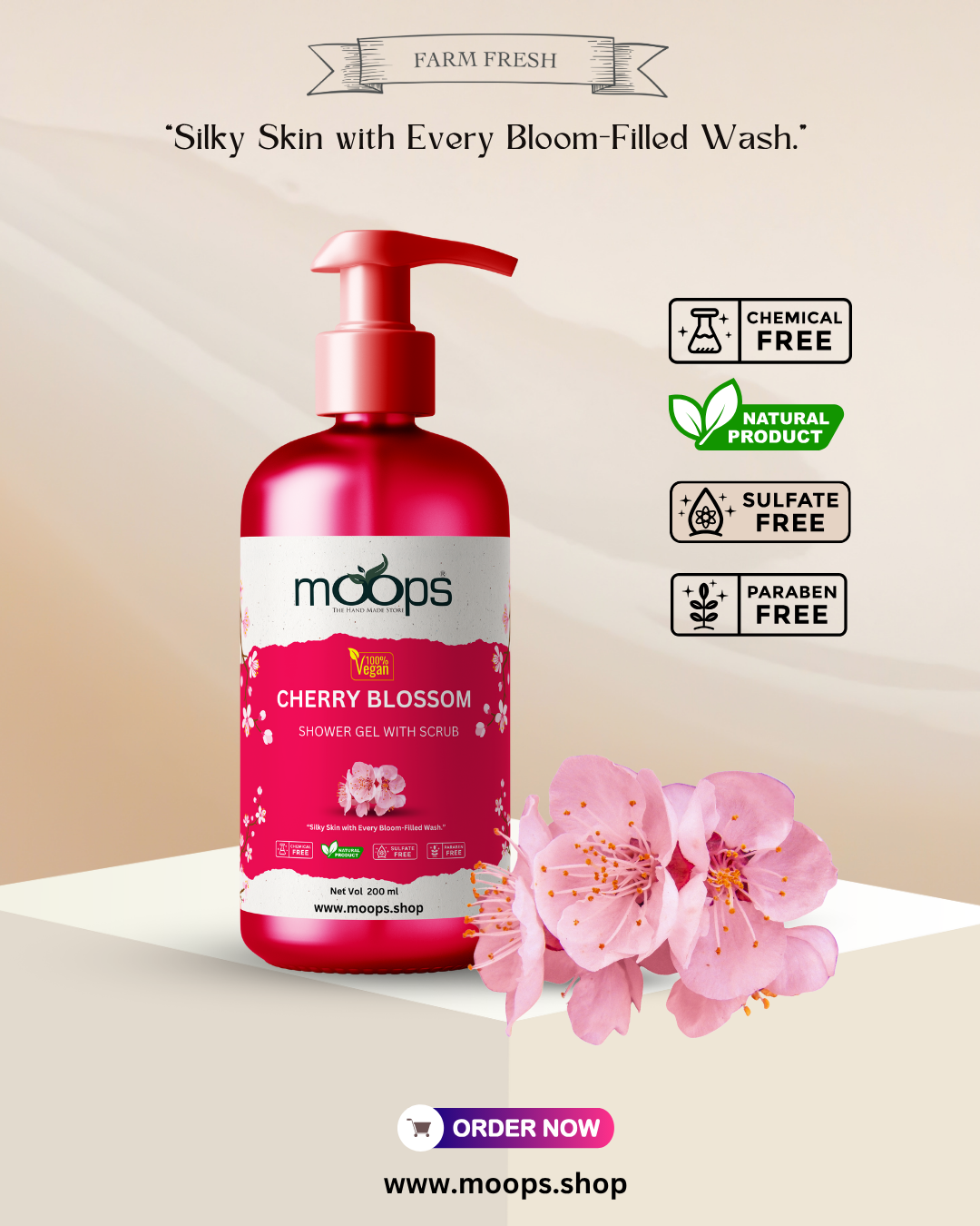 Moops Cherry Blossom Shower Gel with Scrubber
